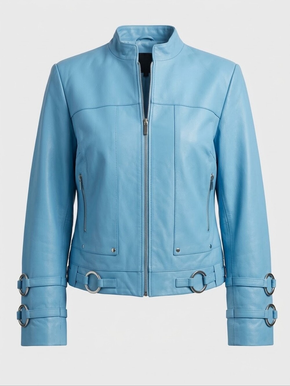 Pam McCoy NWOT Blue Genuine Leather Moto Jacket Silver Ring Hardware Bikercore
